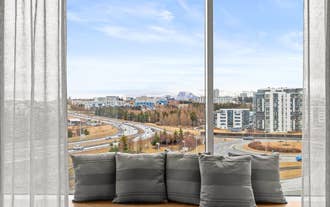 A view of Kopavogur from the window of an apartment in Aurora Nooks.