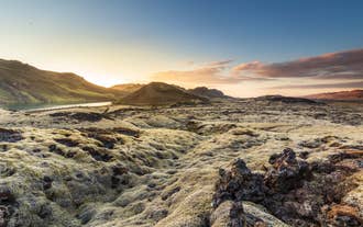Golden sunset over the moss-covered lava fields of the Reykjanes Peninsula, Iceland.
