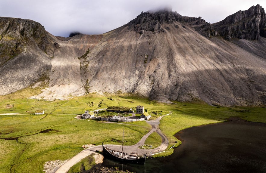 Aerial view of the Viking Village film set at the base of Vestrahorn mountain on the Stokksnes Peninsula in Iceland.