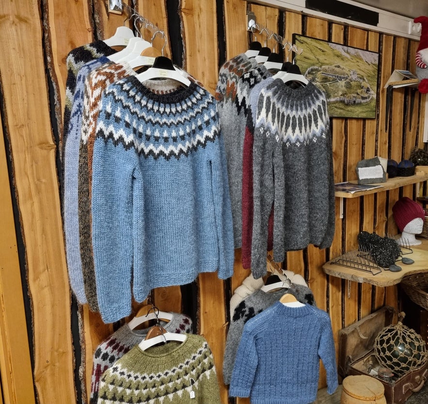 Traditional Icelandic wool sweaters (lopapeysa) for sale at the Viking Café gift shop on the Stokksnes Peninsula.