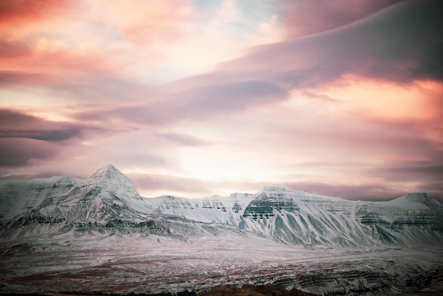 Snowy peaks and pastel skies at Langjokull
