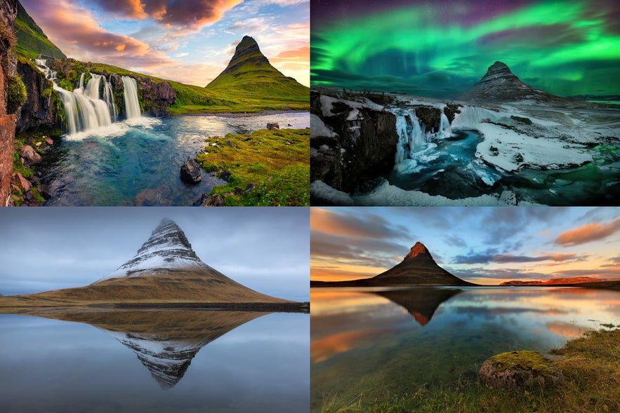 Il monte Kirkjufell nelle diverse stagioni islandesi. Da sinistra a destra: estate, inverno, primavera e autunno Il monte Kirkjufell nelle diverse stagioni islandesi. Da sinistra a destra: estate, inverno, primavera e autunno