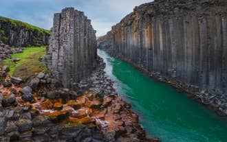 De opvallende basaltzuilen van de Svartifoss waterval in het Nationale Park Vatnajokull, IJsland, omringd door een rivier.