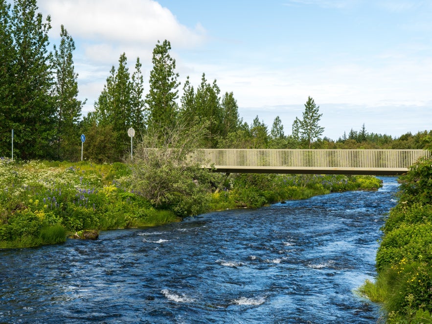 A pedestrian bridge over the Ellidaa River in Ellidaardalur Valley in Reykjavik, Iceland.