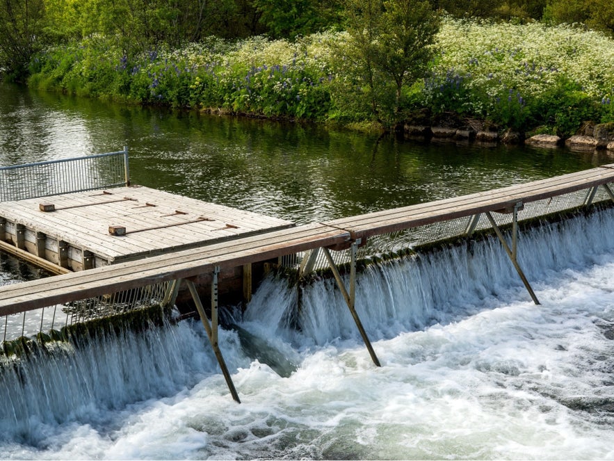 A fishing platform in Ellidaardalur Valley in Reykjavik, Iceland.