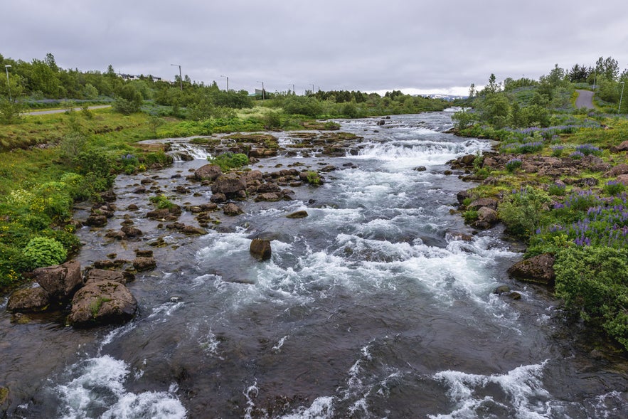 The gushing waters of Ellidaa River in Ellidaardalur Valley in Reykjavik, Iceland.
