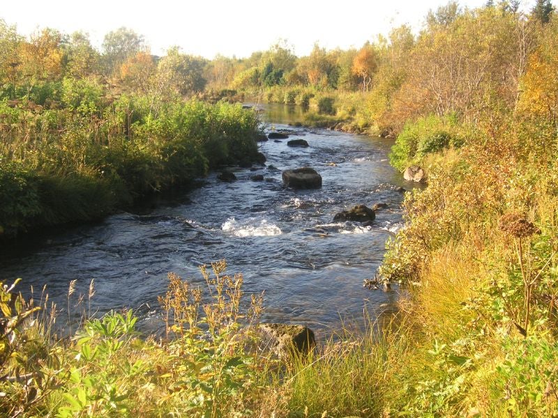 The Ellidaa River during a sunny day in Ellidaardalur Valley in Reykjavik, Iceland.