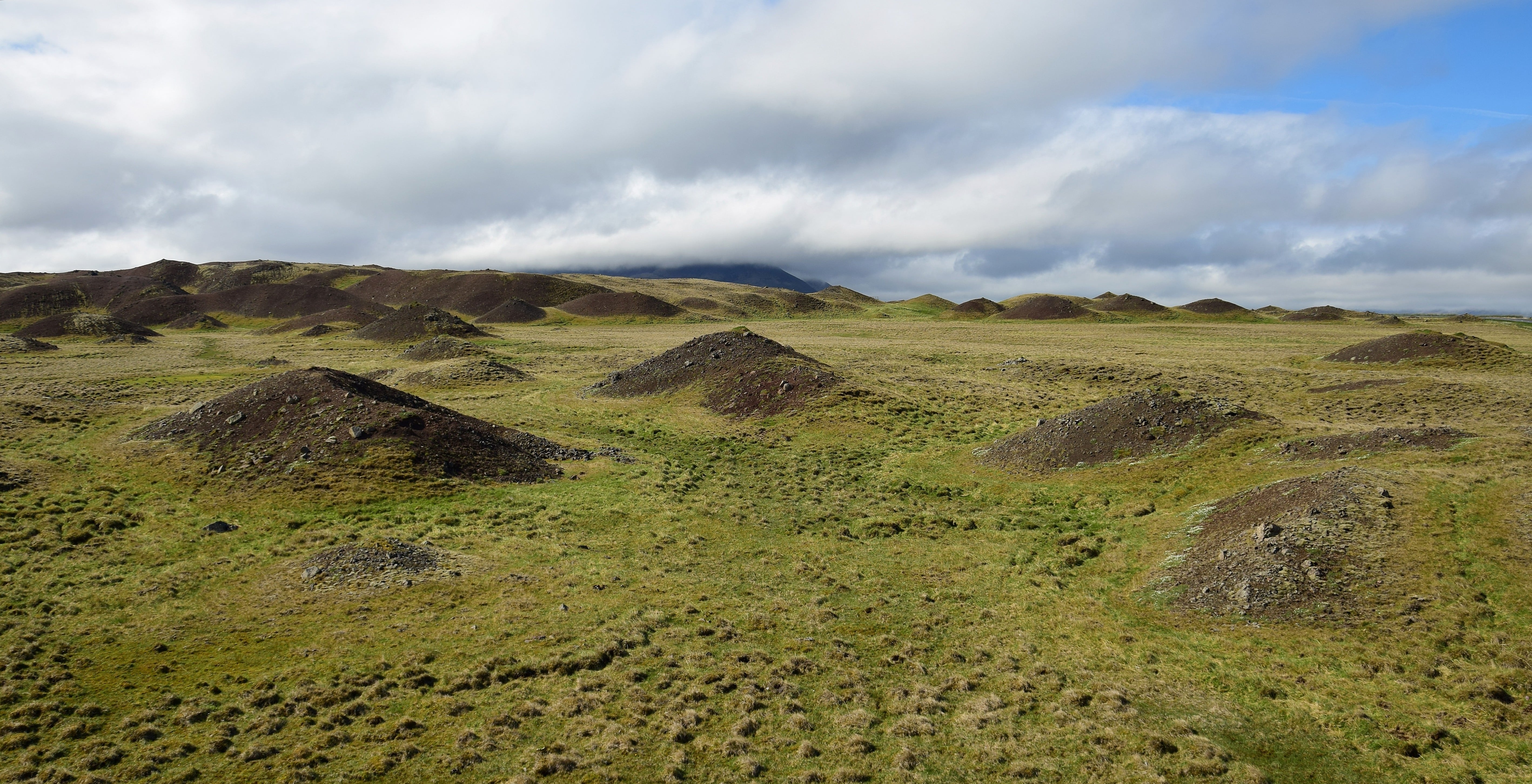 Grassy volcanic mounds of Vatnsdalsholar Hills under a cloudy sky in North Iceland..jpg