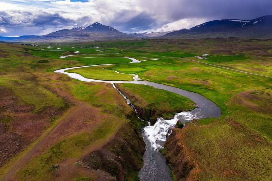 Aerial view of Reykjafoss Waterfalls