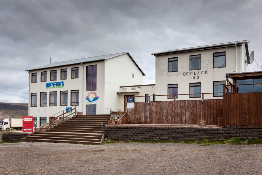 Exterior view of Hotel Breidavik near Latrabjarg cliffs in the Westfjords of Iceland.