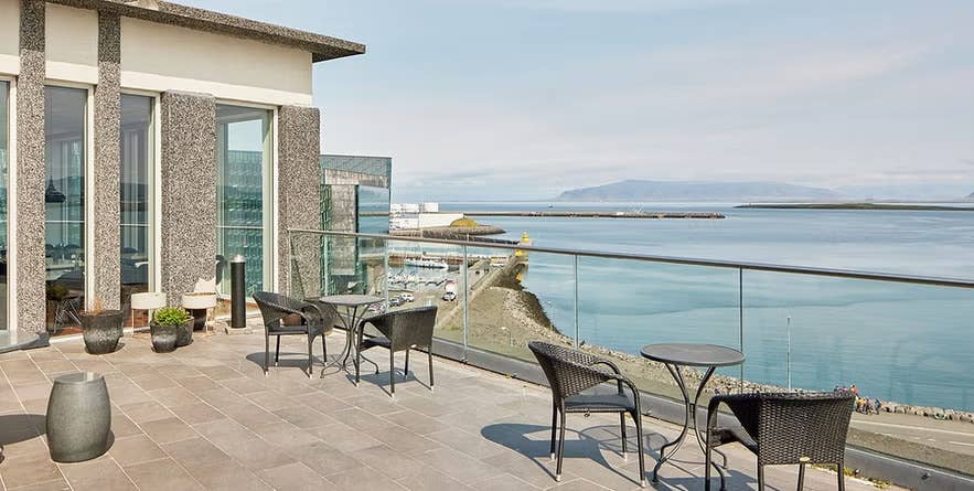 SKY Bar's scenic outdoor seating in Reykjavik, Iceland.