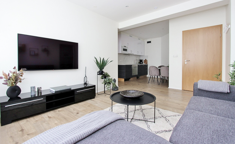 Der Wohnbereich der Downtown Apartments bietet einen Flachbild-TV, ein graues Sofa und einen gemütlichen Teppich neben dem Essbereich.