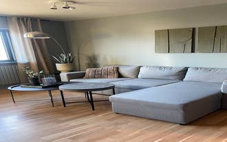 A modern living room with a large gray couch, round tables, plants, and a standing lamp.