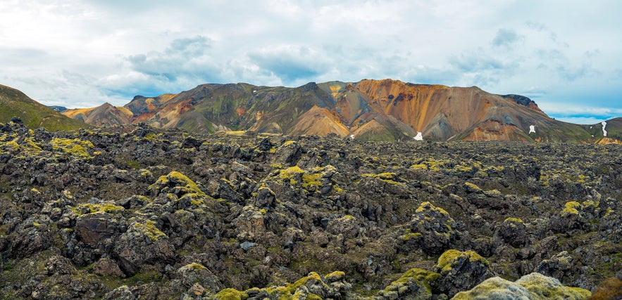 Sendero de senderismo cerca de Sudurnámur en las tierras altas de Islandia, con campos de lava cubiertos de musgo en primer plano y montañas de riolita coloridas al fondo Sendero de senderismo cerca de Sudurnámur en las tierras altas de Islandia, con campos de lava cubiertos de musgo en primer plano y montañas de riolita coloridas al fondo