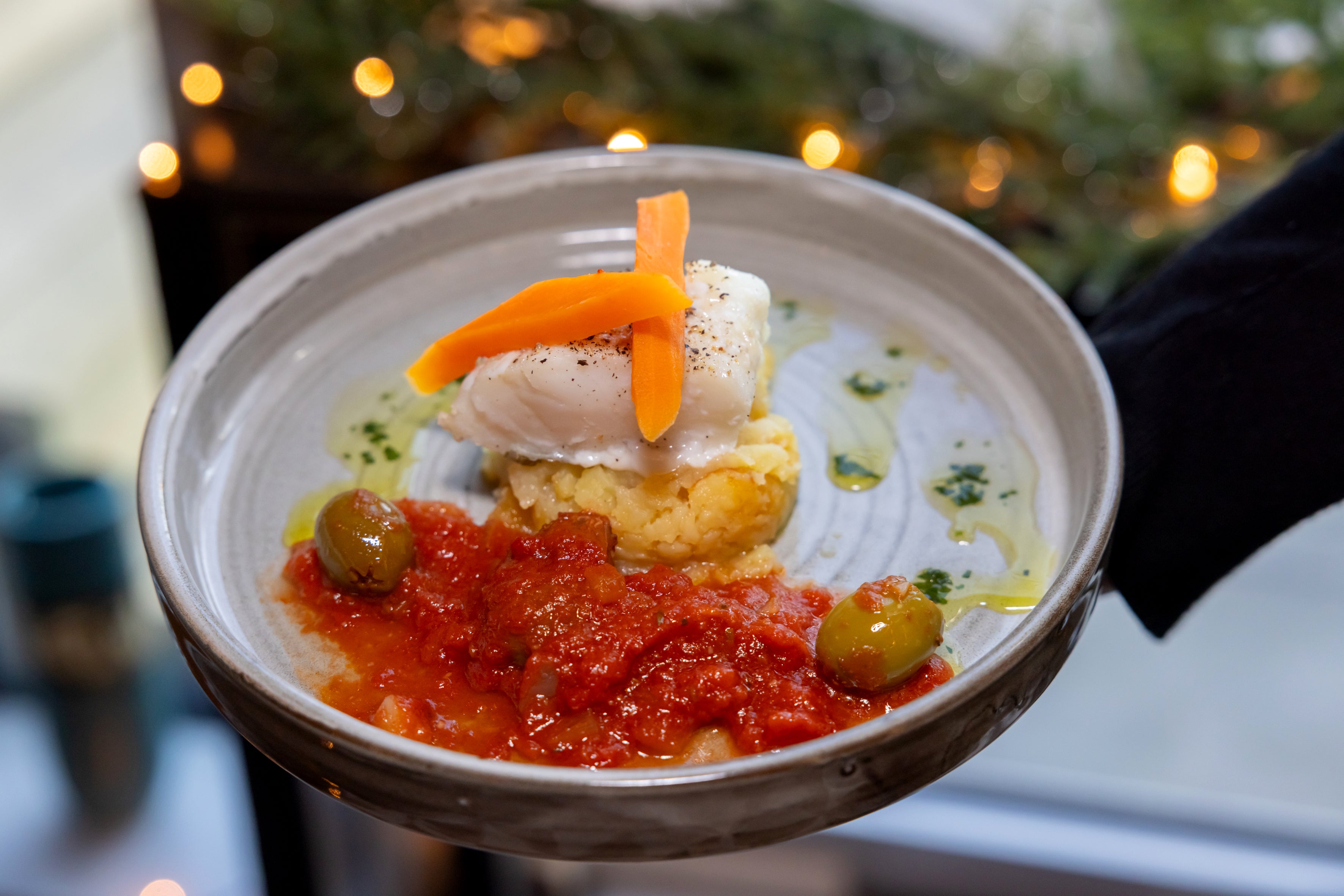 A small plate of grilled cod and ratatouille, part of the tastings on a Reykjavik food tour.