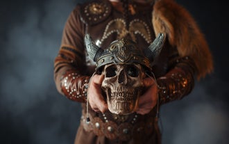 Viking warrior holding a skull with horned helmet during a Reykjavik walking tour ghost story experience in Iceland.