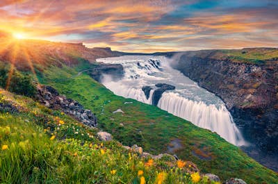 Gullfoss waterfall at sunset.