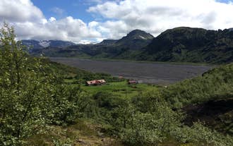 An aerial view of the bus stop and basecamp in the Thorsmork Valley.