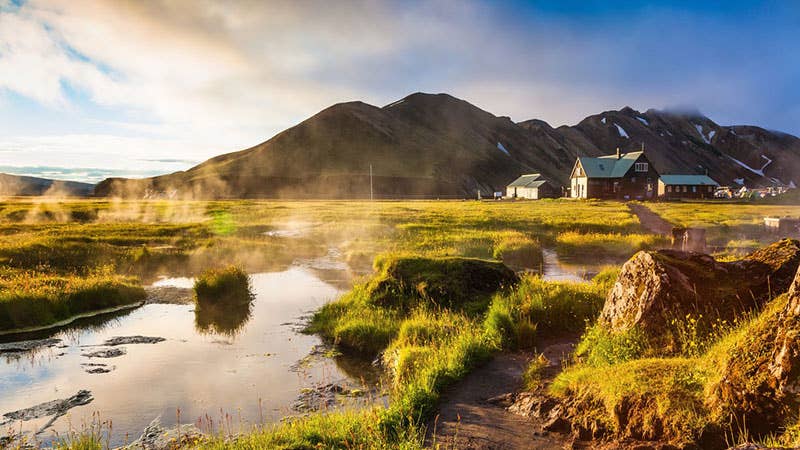 Steam rising over lush green plantlife and geothermal pools in Landmannalaugar with mountains in the background