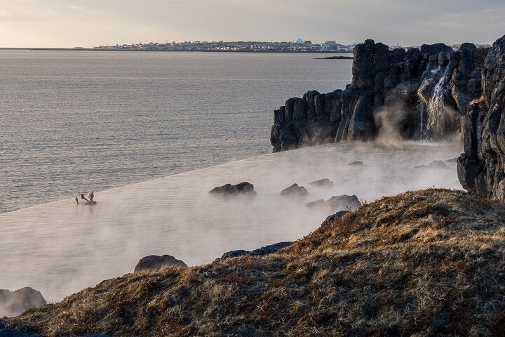 The sea-view from the infinity pool at Greater Reykjavik's Sky Lagoon