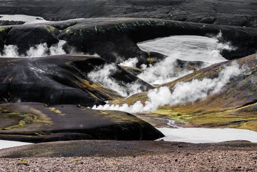 Steam rising from the ground along the Landmannalaugar-Hrafntinnusker hiking trail in Iceland’s Highlands.