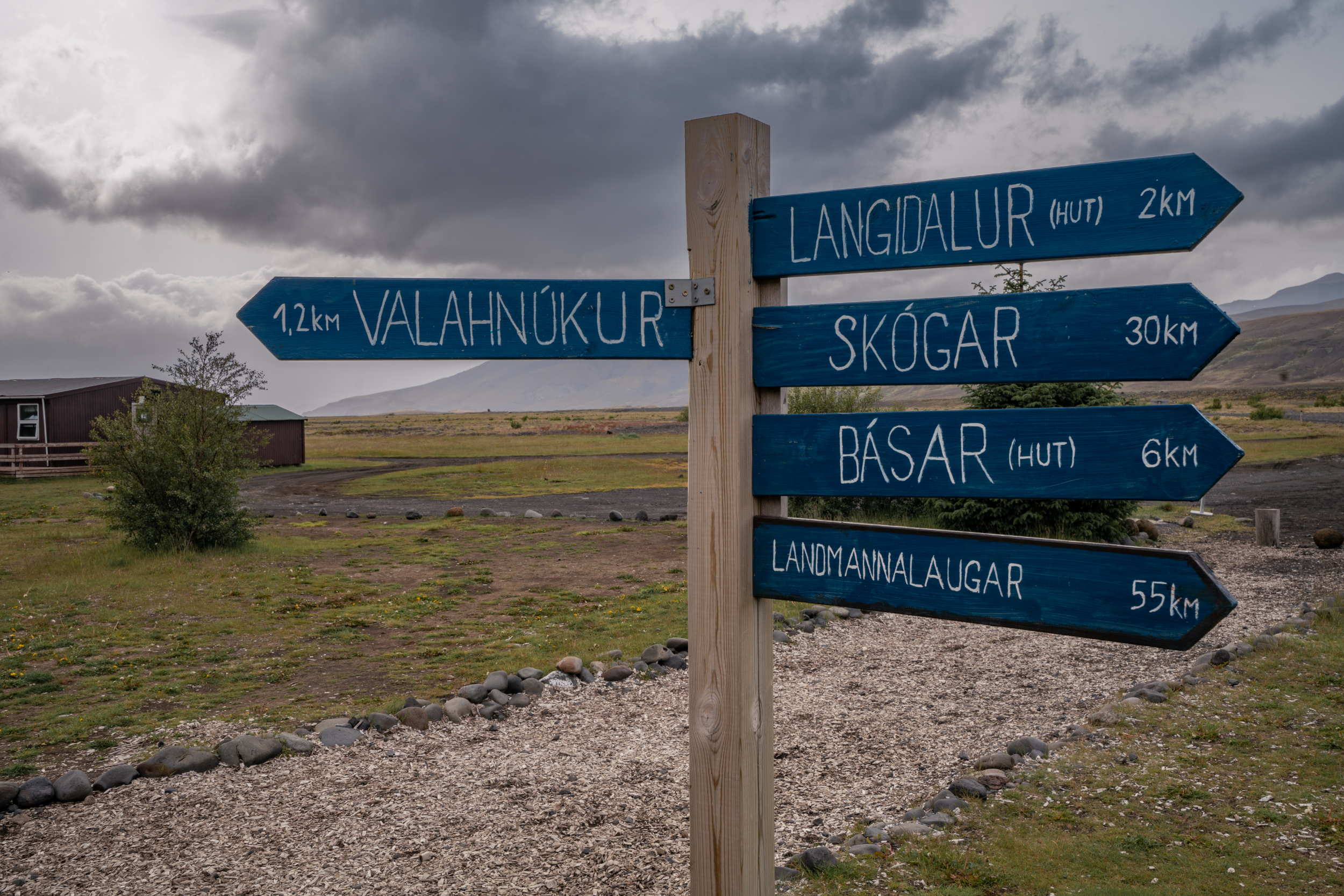 Wooden signpost marks hiking routes to Skogar, Langidalur, Basar, and Landmannalaugar in Thorsmork valley.