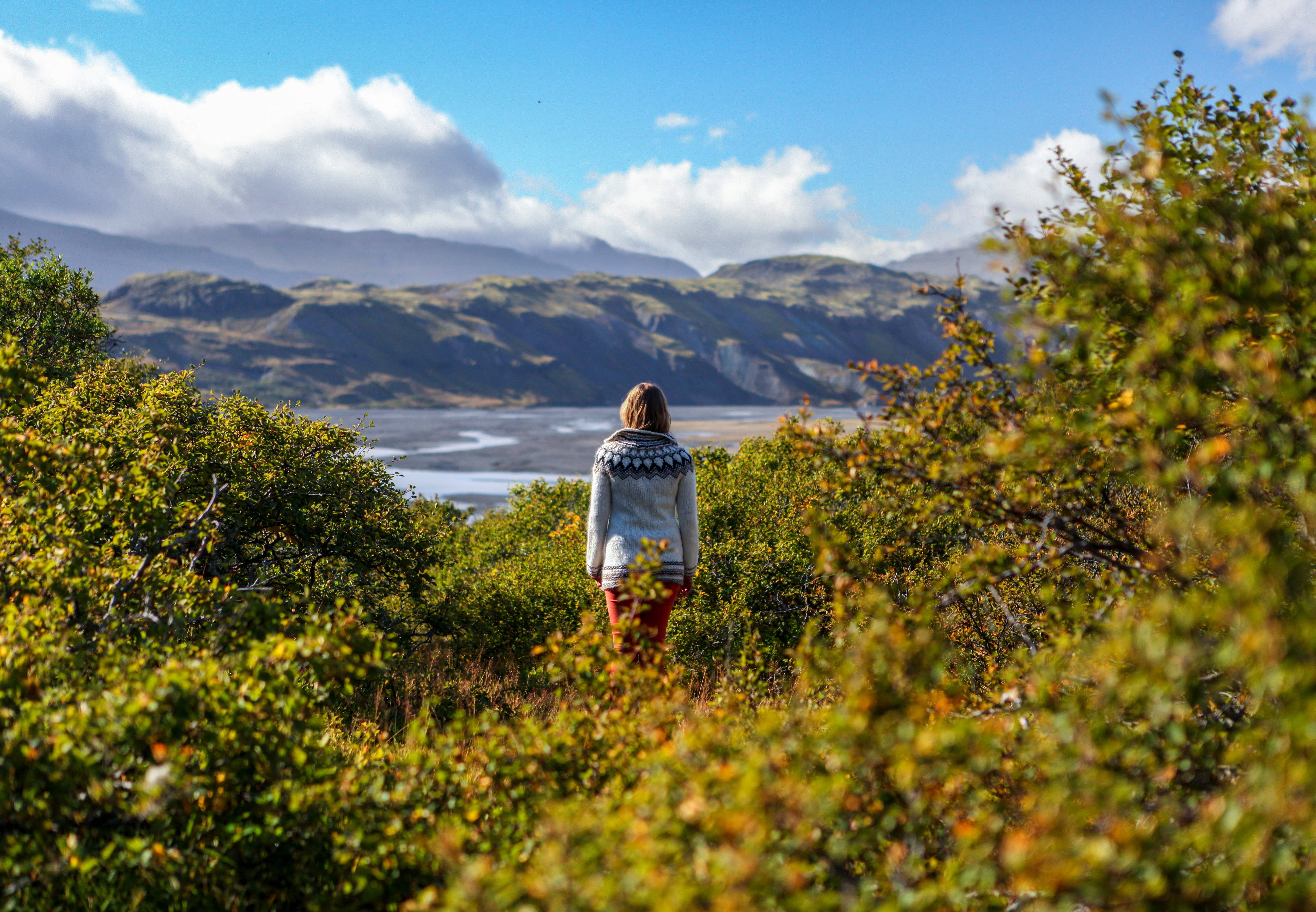 An adventurer photographed in a Thorsmork woodland in Iceland.