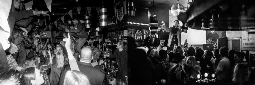Lively party scene at Prikið café at night with DJs, dancing, and a packed crowd enjoying Reykjavik's nightlife