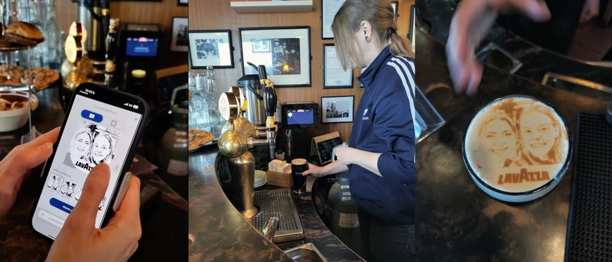 Step-by-step collage showing how Prikið staff prints a selfie onto the foam of a Guinness pint using a mobile app and printer