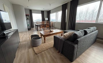 Heima at Selfoss公寓宽敞的客厅,配有灰色沙发、木质茶几和用餐区。