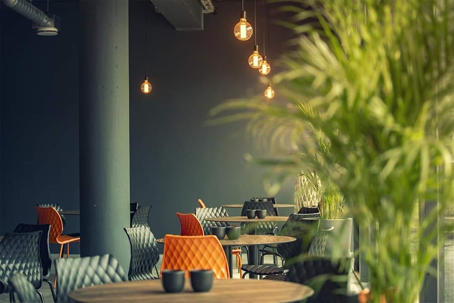 Indoor seating at The Soup Company in Vik, Iceland.
