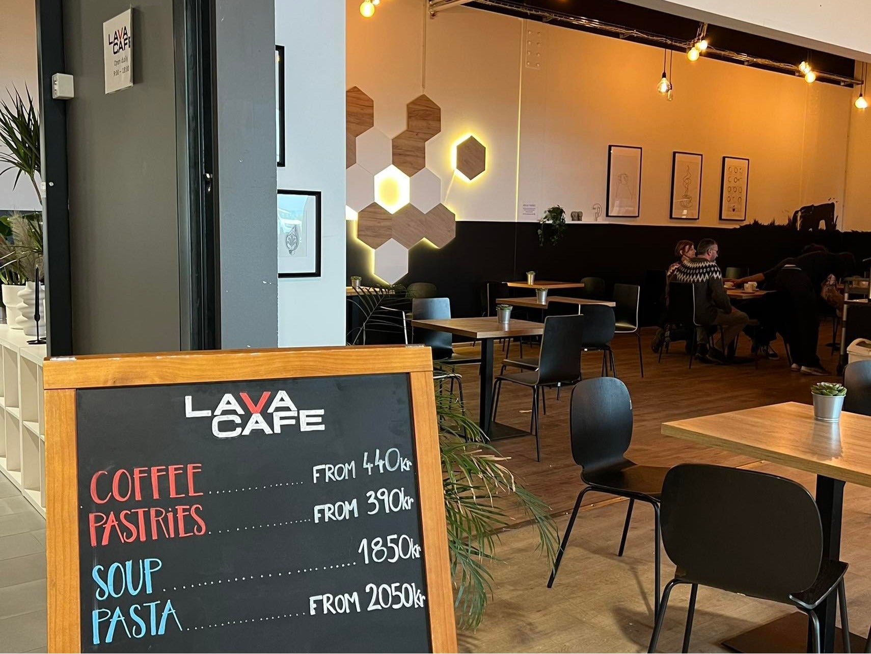 Menu board and interiors of Lava Cafe in Vik, Iceland.