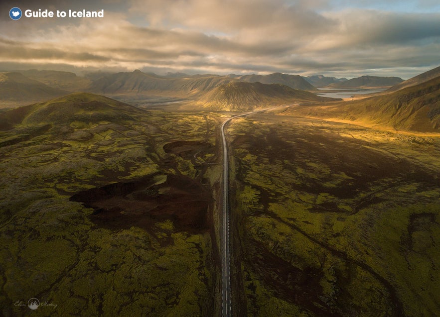 The open Ring Road under the midnight sun in Iceland