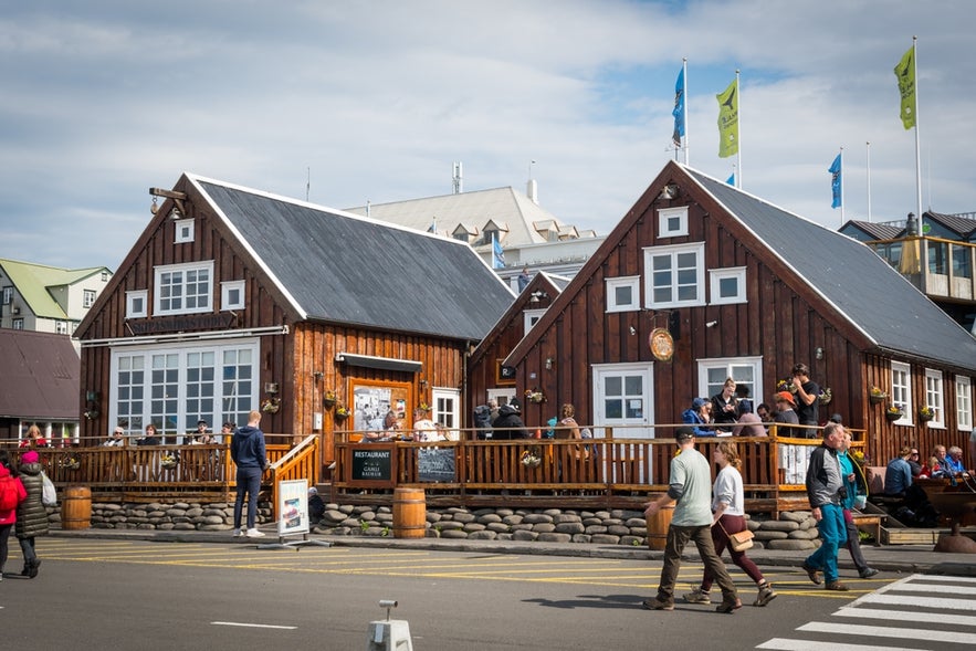 Restaurants in Husavik harbor in Iceland.