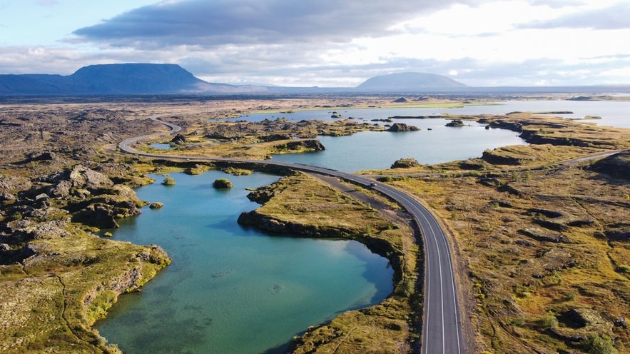 Scenic islandic road along Lake Myvatn, North Iceland.