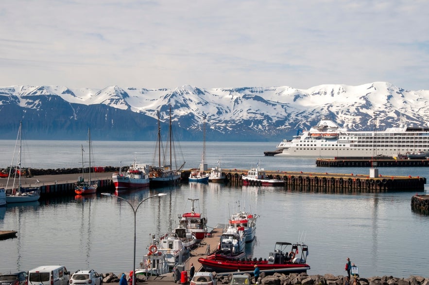 View across the Husavik harbor