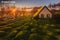 Hofskirkja turf church at sunset, Iceland's youngest turf-style church located in Southeast Iceland.