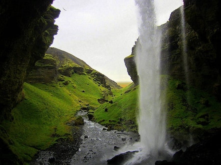 The view from behind Kvernufoss waterfall.