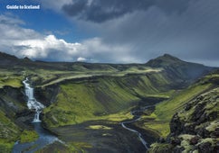 Ofaerufoss waterfall and the Eldgja fissure. 