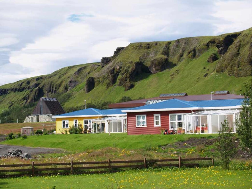 Houses line up at the town of Kirkjubæjarklaustur. 