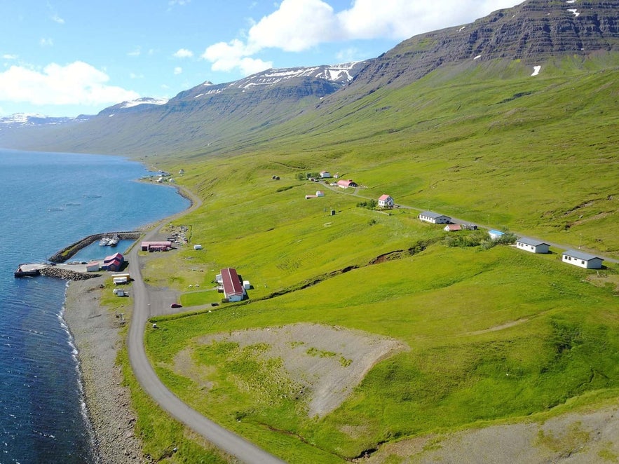 The village of Brekkuthorp in the Mjoifjordur Fjord in Iceland