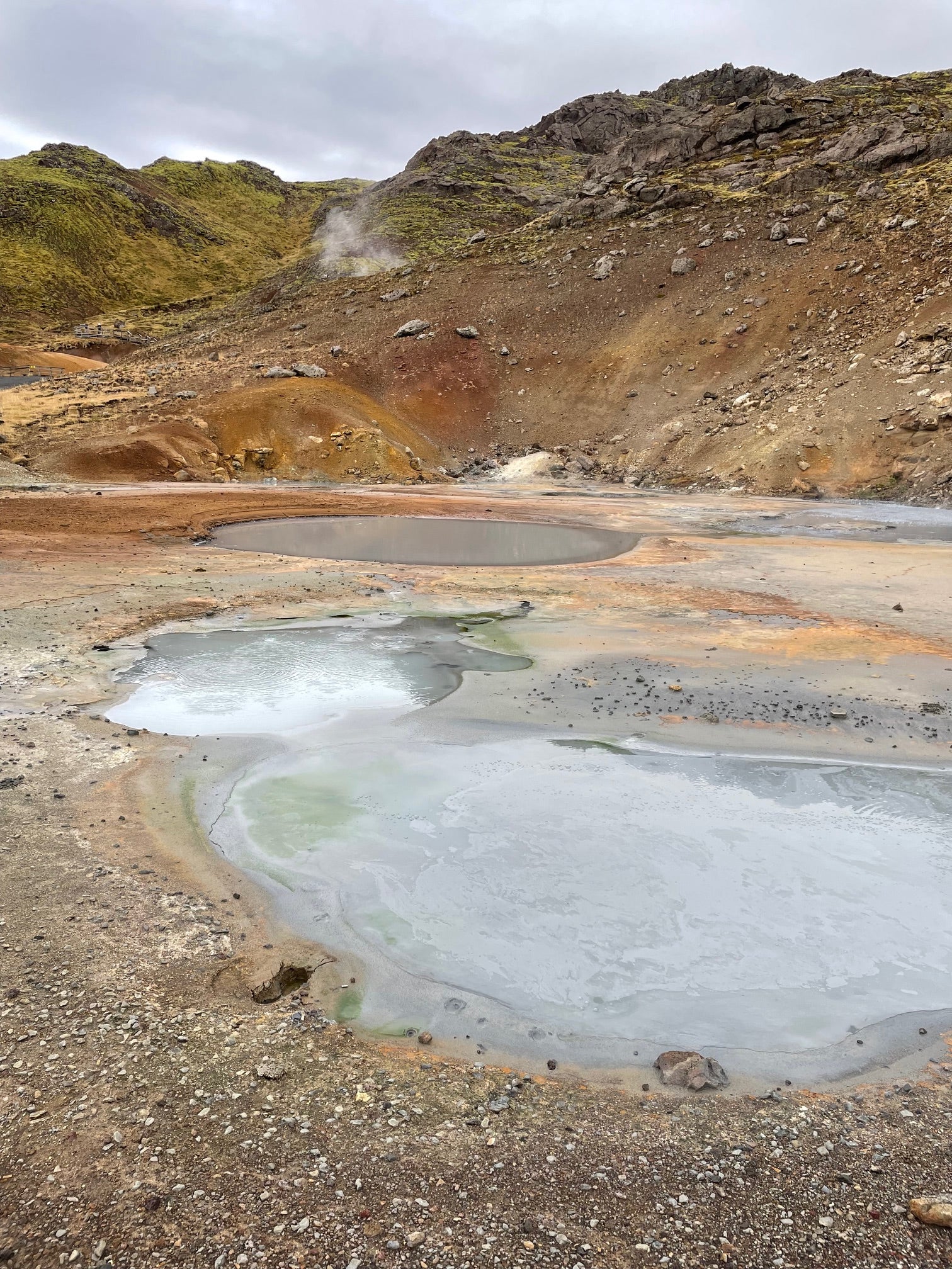 Steaming mud pools and colorful sulphur deposits at the Seltun geothermal area in Reykjanes Peninsula.