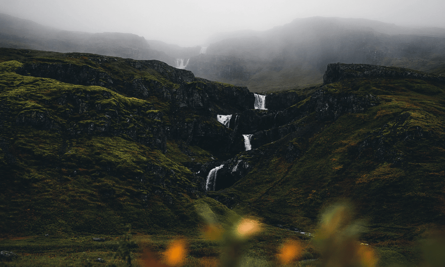 Klifbrekkufossar Waterfalls during summer. 