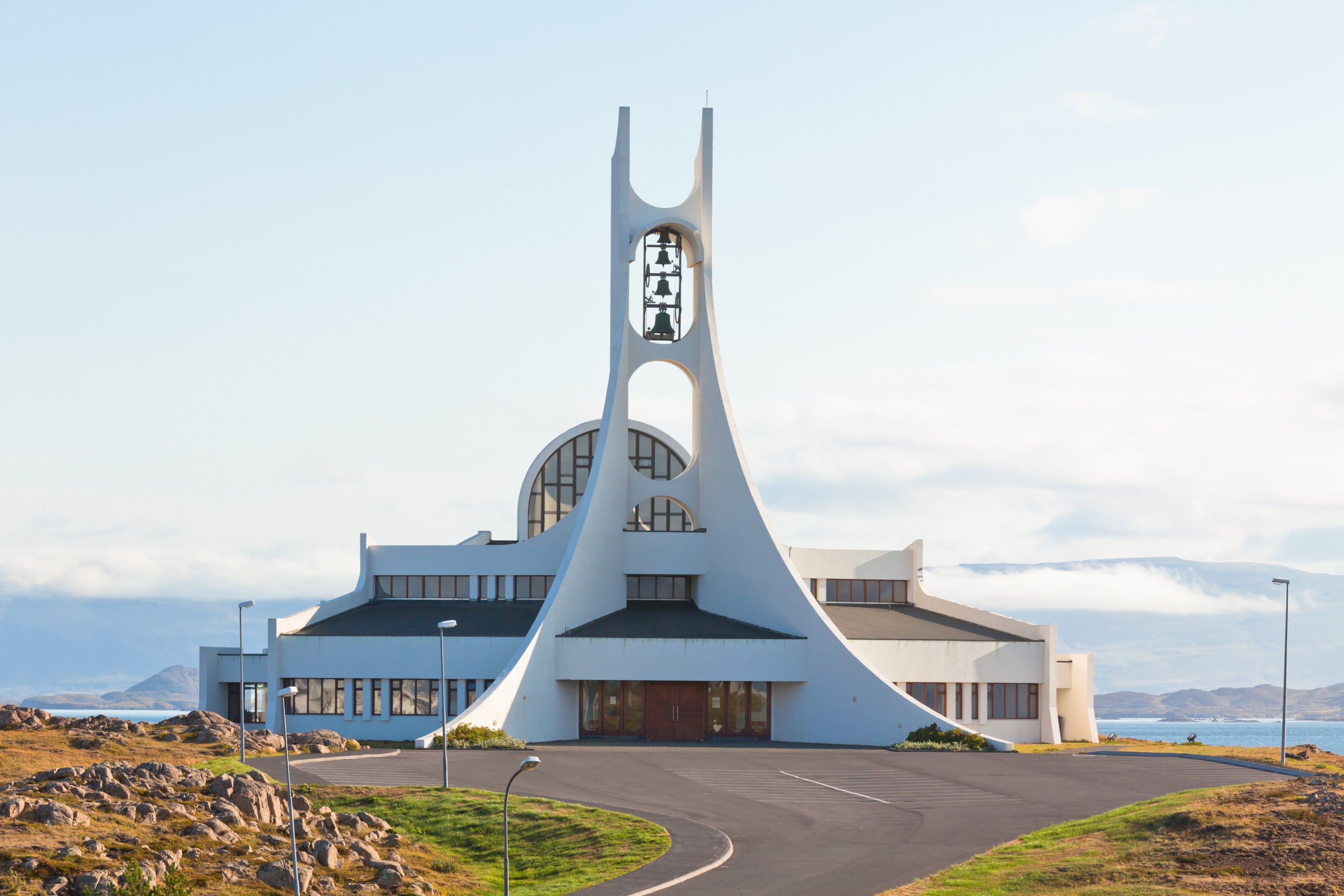 The modern facade of Stykkisholmskirkja Church near The Icelandic Eider Center in Stykkisholmur, West Iceland.