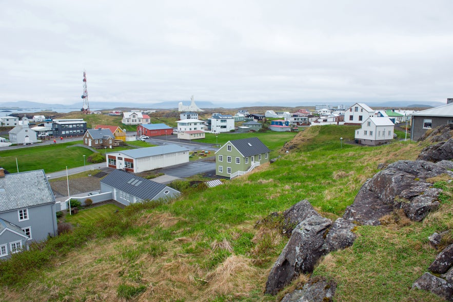 Aerial view of the small town of Stykkisholmur with the Icelandic Eider Center in West Iceland.