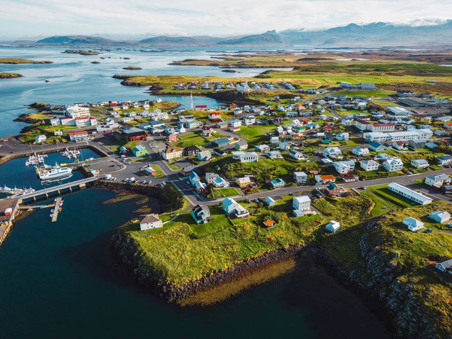 Aerial view of the small fishing town of Stykkisholmur, West Iceland, where the Iceland Eider Center is located.
