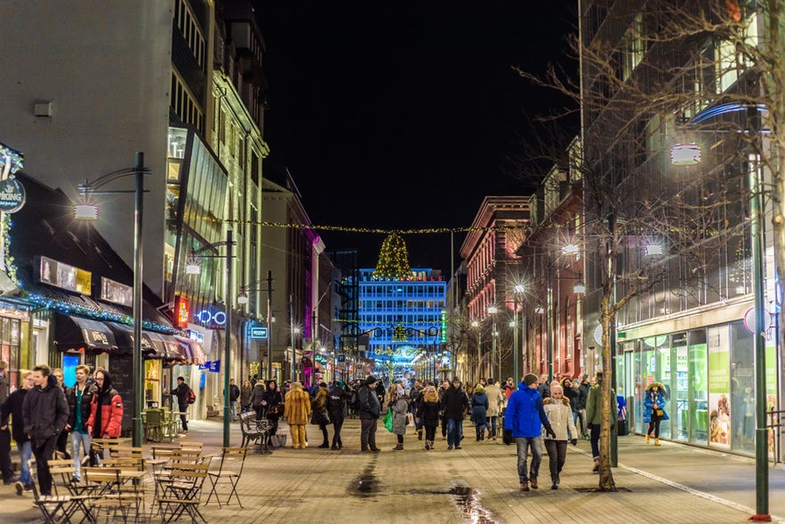 Austurstraeti street in Reykjavik during winter
