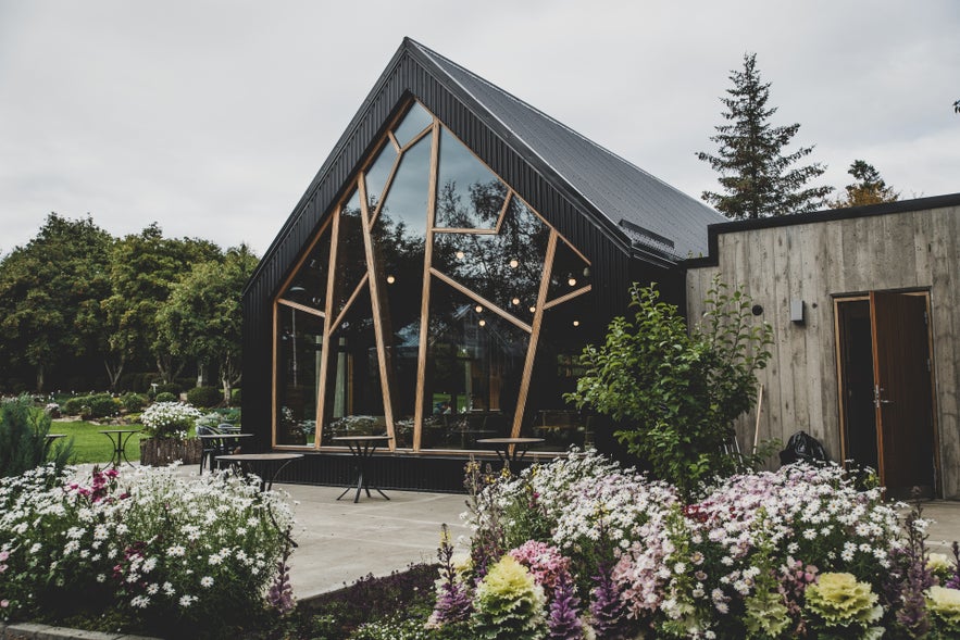 Outdoor seating at LYST features a sleek black building with large glass windows reflecting the landscape and vibrant floral displays.