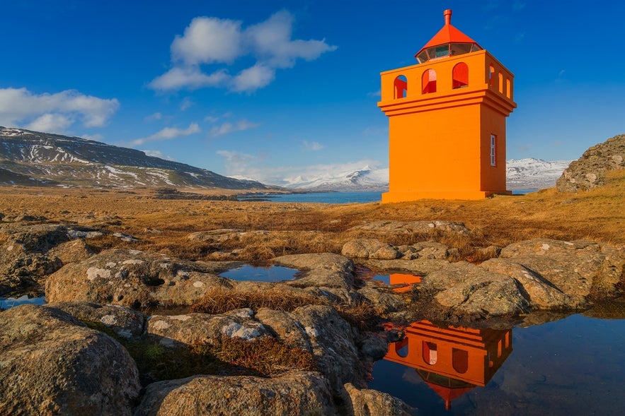Djupivogur Lighthouse  is located on the southeast coast of Iceland, on a rocky point on the west side of the port of Djúpivogur.