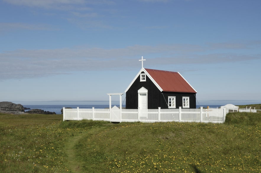 Wooden church, Papey island in Iceland.